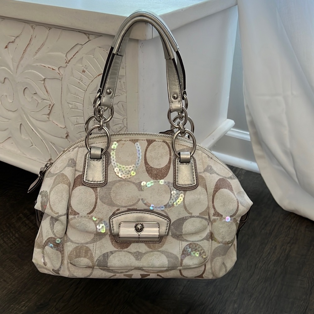 Coach bag white, silver, and brown with sequin